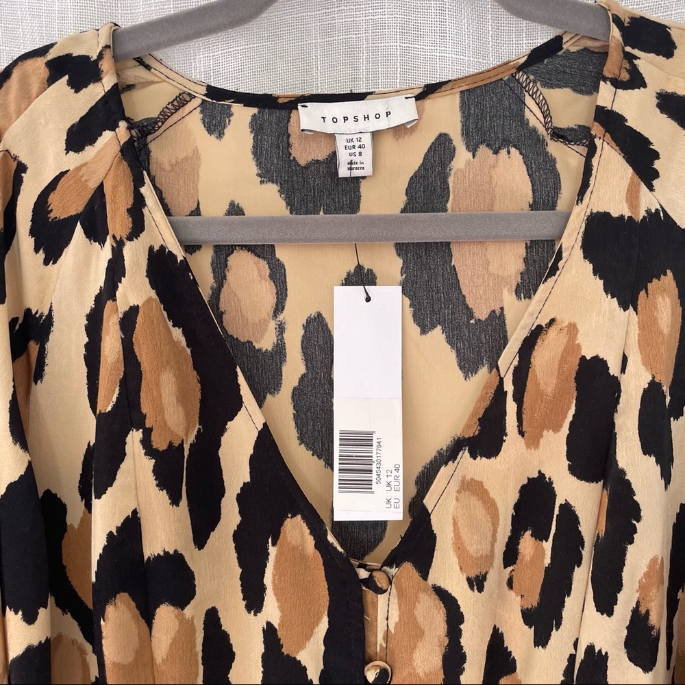 Topshop Satin Leopard Midi Dress with Balloon Sleeves - Picture 2 of 8